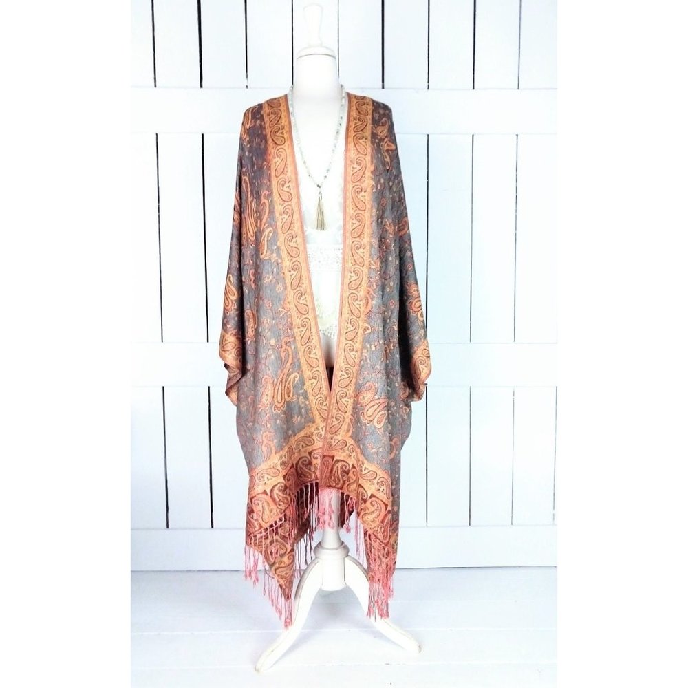 Grey/orange paisley silk pashmina fringe kimono cover up/one size